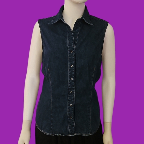 Vtg VAN HEUSEN Denim Sleeveless Button-Up Top - Picture 1 of 6